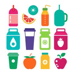 Vibrant flat design of beverages and fruit icons