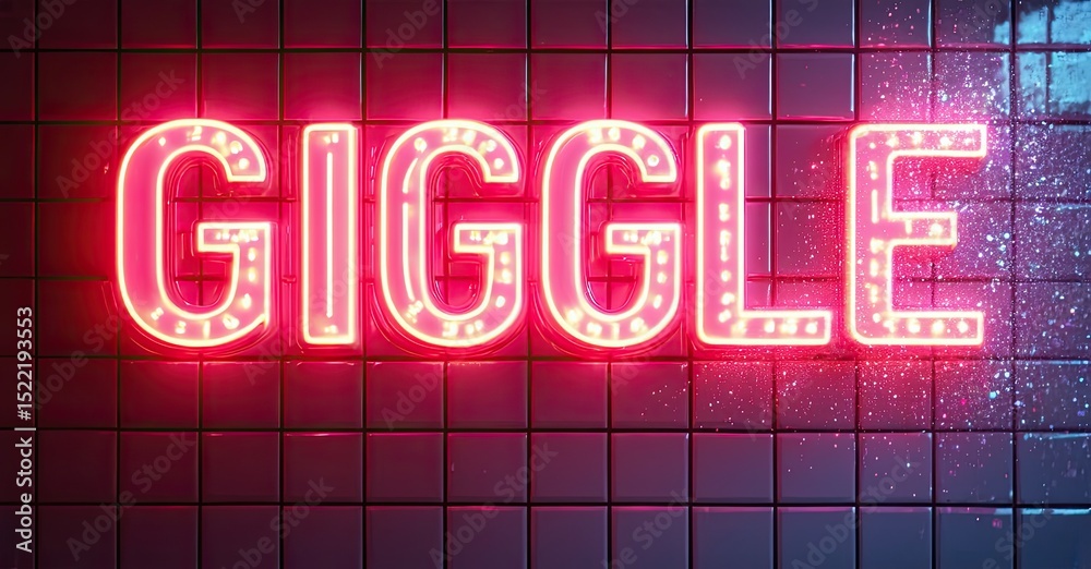 Aufkleber bright pink neon sign spells giggle against tiled wall. dark background emphasizes glowing letters, 
