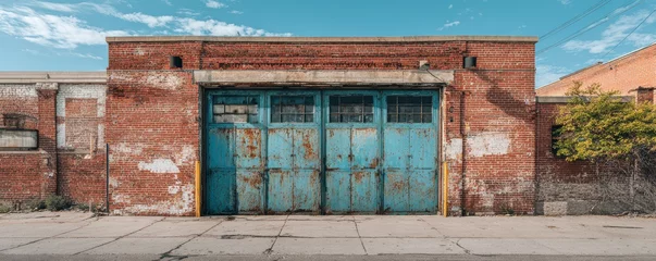 Papier peint photo Vielles portes Abandoned Brick Warehouse with Rusty Blue Doors in Urban Setting under Clear Sky  © ParinApril