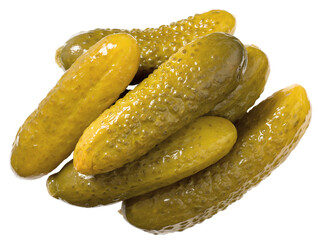 Whole pickles (pickled cucumbers) isolated on white background, top view.