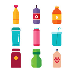 Collection of brightly colored cartoon beverage and liquid containers