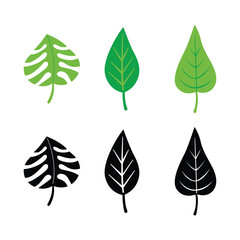 Obraz premium Different green leaves pack flat design with black silhouette set 2