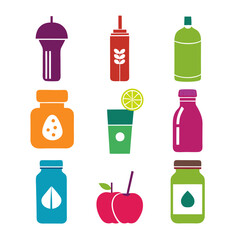 Colorful assorted drinks bottles and fruits icons isolated on white