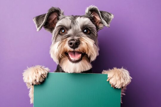 Ð¡ute adult dog miniature schnauzer hold in front paws a wireframe - large green way sign. Studio mockup design. Pet mockup with message. Isolated dog on a solid apparel purple background.