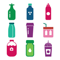 Assorted colorful drink containers and bottles on white backdrop