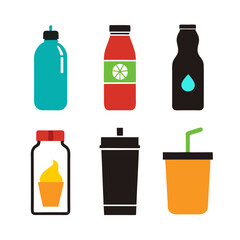 Colorful flat design illustrations of different drink containers