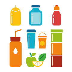 Colorful vector illustration of drink containers and fruits on white