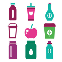 Colorful flat design vector icons of various healthy drinks