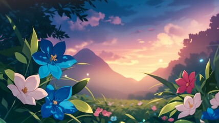 イラスト調の幻想的な風景と花