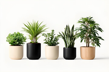 Five Houseplants In Stylish Modern Pots, White Background