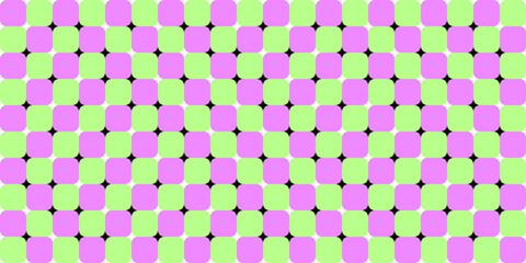 Pastel geometric pattern background with pink and green rounded squares in a seamless optical layout