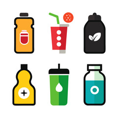 Collection of colorful bottle and drink illustrations in flat style