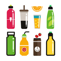 Colorful beverage illustrations with fruit, juice, and drink icons