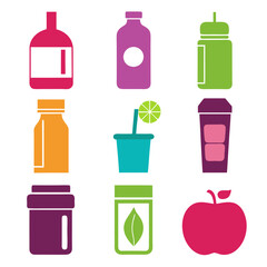 Colorful flat icons of food and drink containers set