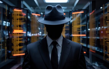 Silhouetted Man in a Suit with Fedora Hat, Dark Cyberpunk Setting – Mysterious, Dramatic Noir Style