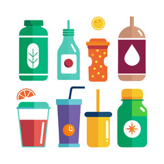 Colorful icon set of bottles and drinking containers collection