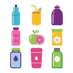 Colorful Flat Icon Set for Food Supplements and Wellness