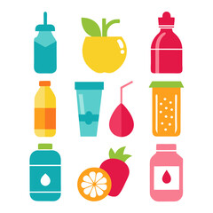 Flat illustration of fruit juice bottles and other drinks