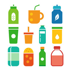 Collection of bright flat-style drink containers on white background