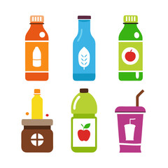 Colorful flat design illustration of various beverage containers
