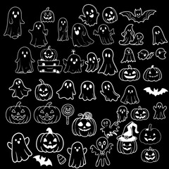 halloween seamless pattern. Halloween Clipart Collection: A large collection of cute and spooky Halloween-themed vector graphics, including ghosts, pumpkins, bats, and candy. Perfect for creating card