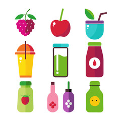 Colorful flat vector icons of fruits and drinks collection