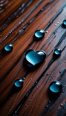5-Heart Shaped Water Droplet on Wooden Surface Close Up with Warm Tones and Natural Texture