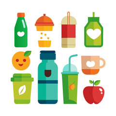 Colorful flat illustration of beverages and fruit selection