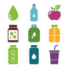 Colorful flat icons for hydration and healthy lifestyle concept