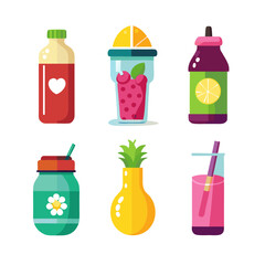 Colorful flat-style drinks and beverages on white background