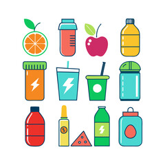 Healthy lifestyle, fruit and beverage icons on white background