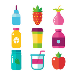 Flat vector illustration of colorful drink and fruit containers