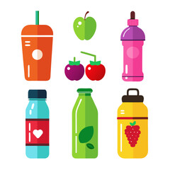 Vibrant flat vector icons of fruits and drink containers