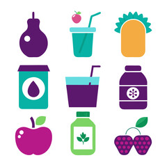 Modern icons of healthy food and drinks in flat style