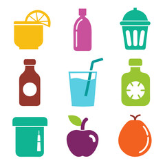 Colorful flat icon set of beverages and fruits