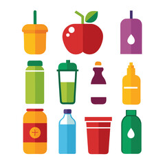 Colorful assortment of drink containers and a single apple