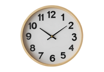  A simple wall clock with black numbers and hands, centered on a white background, with no shadows, no text or letters on the face of the clock