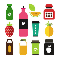 Twelve colourful flat style food and drink icons collection
