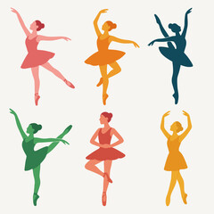 Set Graceful Ballerina Poses: A vibrant collection of illustrations showcasing elegant ballet dancers in mid-motion, each figure exquisitely rendered in a single color © Pandaman1102