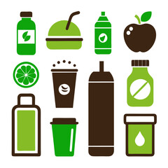 Collection of healthy food and drink icons flat design