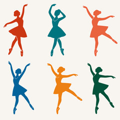 Set Graceful Ballerina Poses: A vibrant collection of illustrations showcasing elegant ballet dancers in mid-motion, each figure exquisitely rendered in a single color
