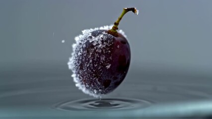 Close up of a single purple grape covered in frost with water droplet falling. Fresh frozen fruit concept. Footage. - Powered by Adobe
