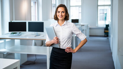 Confident Businesswoman Standing in Modern Office with Laptop, Professional Attire, and Bright Workspace