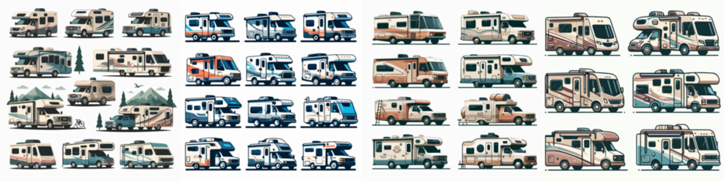 Set Vector A Variety of Recreational Vehicles: A collection of various RVs, representing the different types of vehicles available for travel and camping, each with its unique style and design.