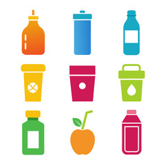 Colorful flat icon set of various drinking containers