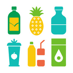 Colorful flat vector icons of various fruits and drinks