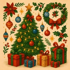 Vintage Christmas Illustration Festive Tree, Ornaments, and Gifts
