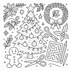 Christmas Coloring Page Festive Tree, Ornaments, and Holiday Maze
