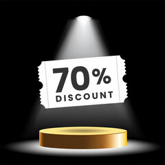 70 Percent Discount Ticket Floating Above Gold Pedestal with Spotlight on Black Background
