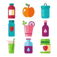 Collection of flat design healthy drinks and food icons